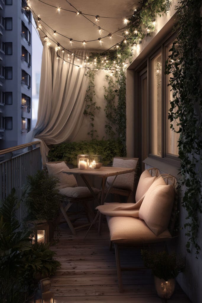 Romantic balcony with string lights, café table, flowing curtains, climbing plants, and cozy outdoor seating at night.