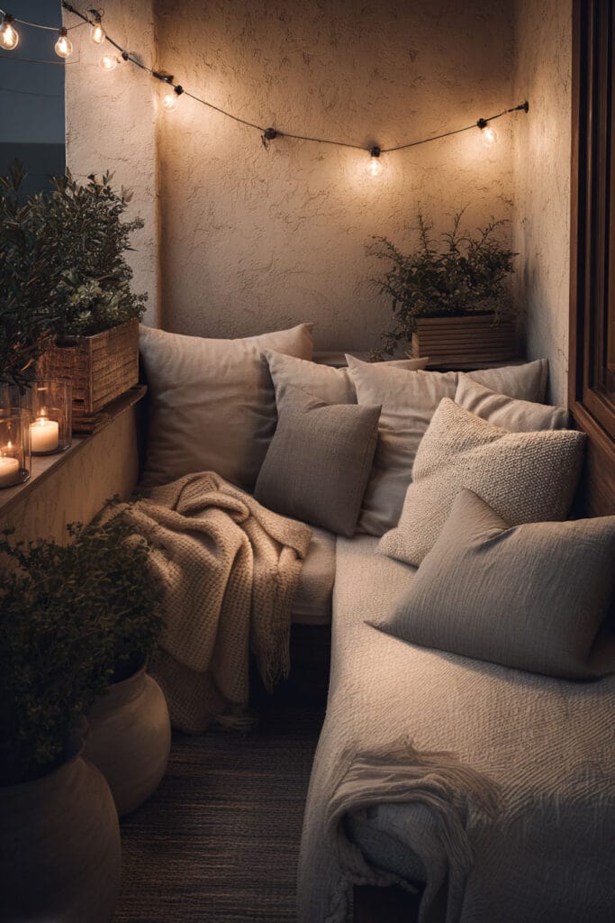 Cozy romantic balcony with layered neutral cushions, soft throw blankets, candlelight, string lights, and comfortable corner seating.