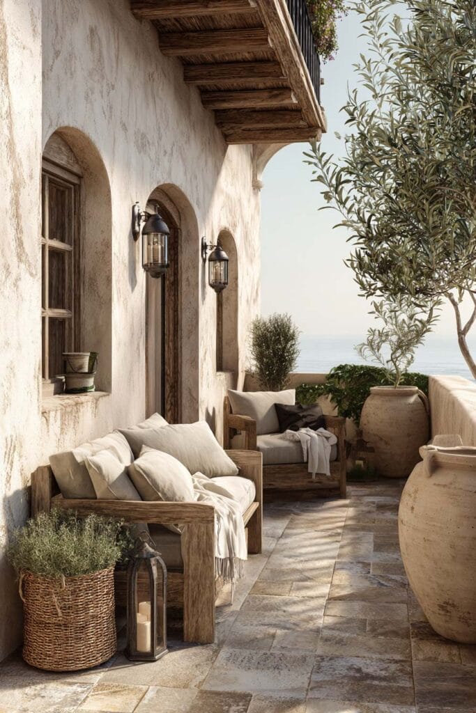 Mediterranean balcony with rustic wood seating, olive tree, terracotta pots, woven basket, stone flooring, lanterns, and neutral outdoor decor.