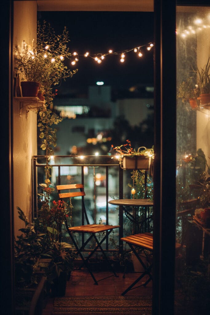 Tiny balcony with string lights, bistro table, folding chairs, and potted plants creating a cozy outdoor seating area at night