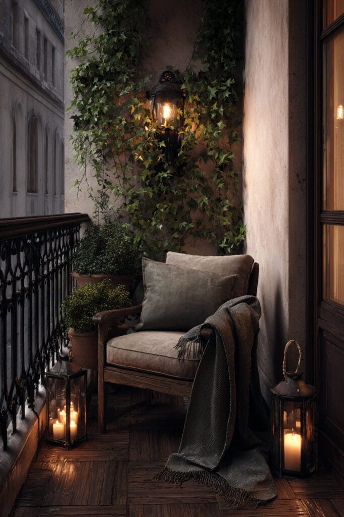 Vintage balcony with lantern lighting, climbing ivy, cozy armchair, candle lanterns, and old-world evening ambiance.