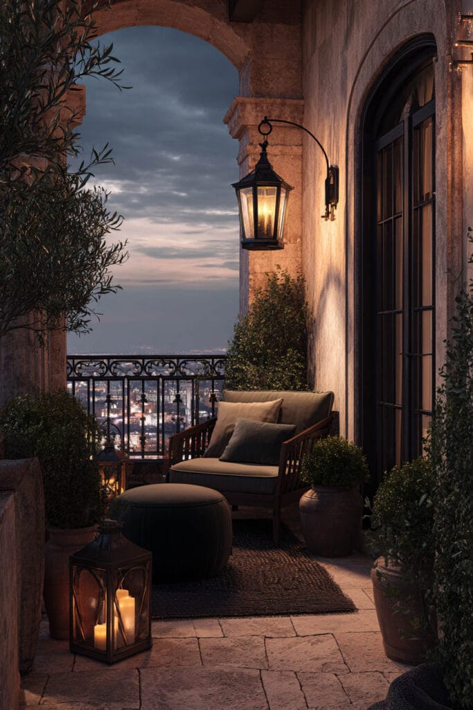 Vintage European-style balcony with stone archways, lantern lighting, terracotta pots, cozy chair seating, and warm evening ambiance.