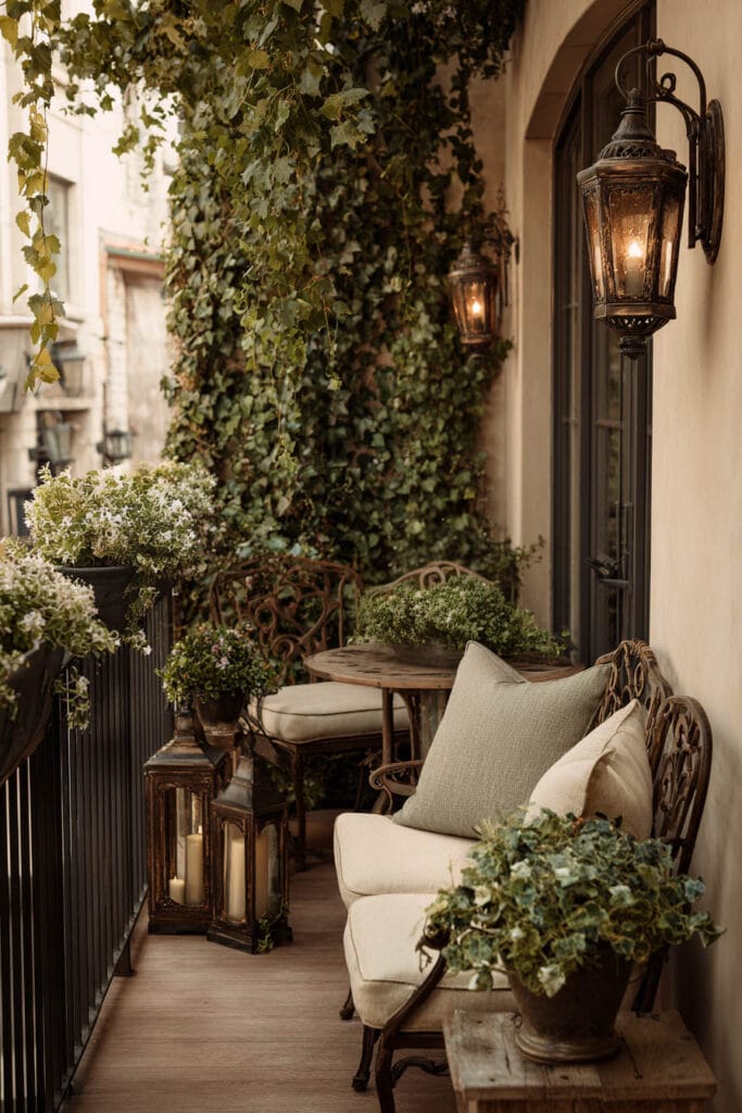 French balcony with vintage metal seating, climbing ivy, lantern lighting, neutral cushions, potted plants, and timeless Parisian-inspired decor.