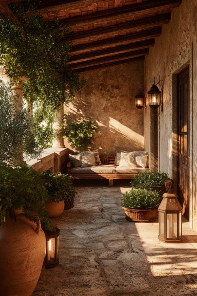 Mediterranean balcony with terracotta pots, rustic lanterns, hanging greenery, stone flooring, cozy seating, and warm Mediterranean outdoor decor.