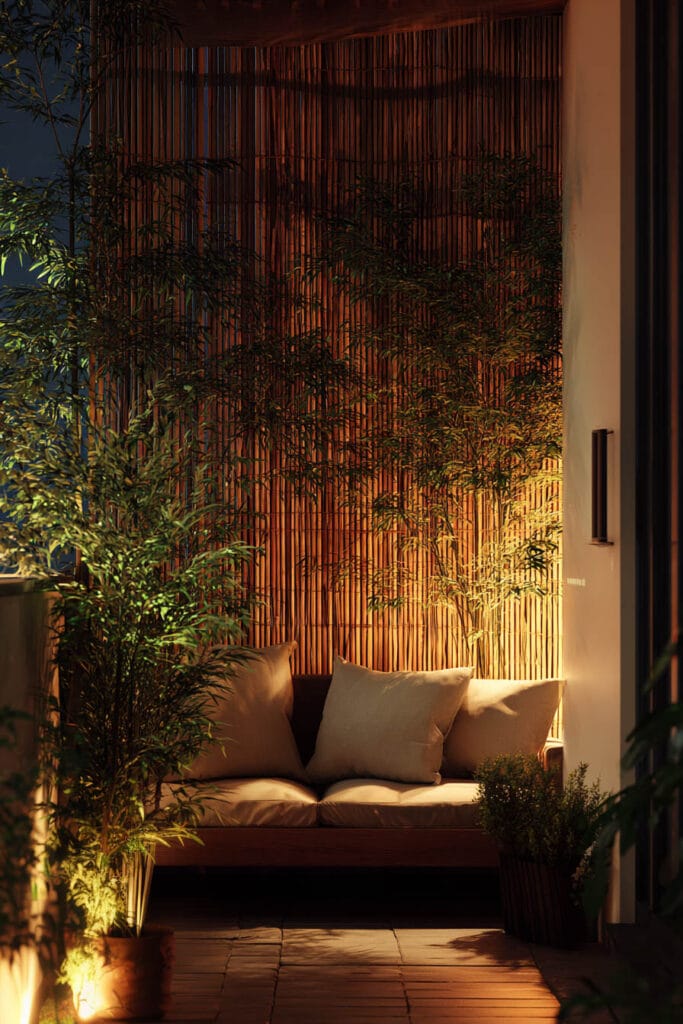 Cozy balcony with bamboo privacy screen, warm uplighting, lush potted plants, and built-in seating creating a relaxing nighttime outdoor retreat.