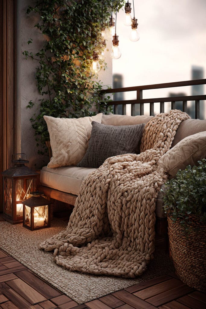 Romantic balcony with chunky knit blanket, textured pillows, lanterns, hanging lights, woven decor, and cozy outdoor seating.