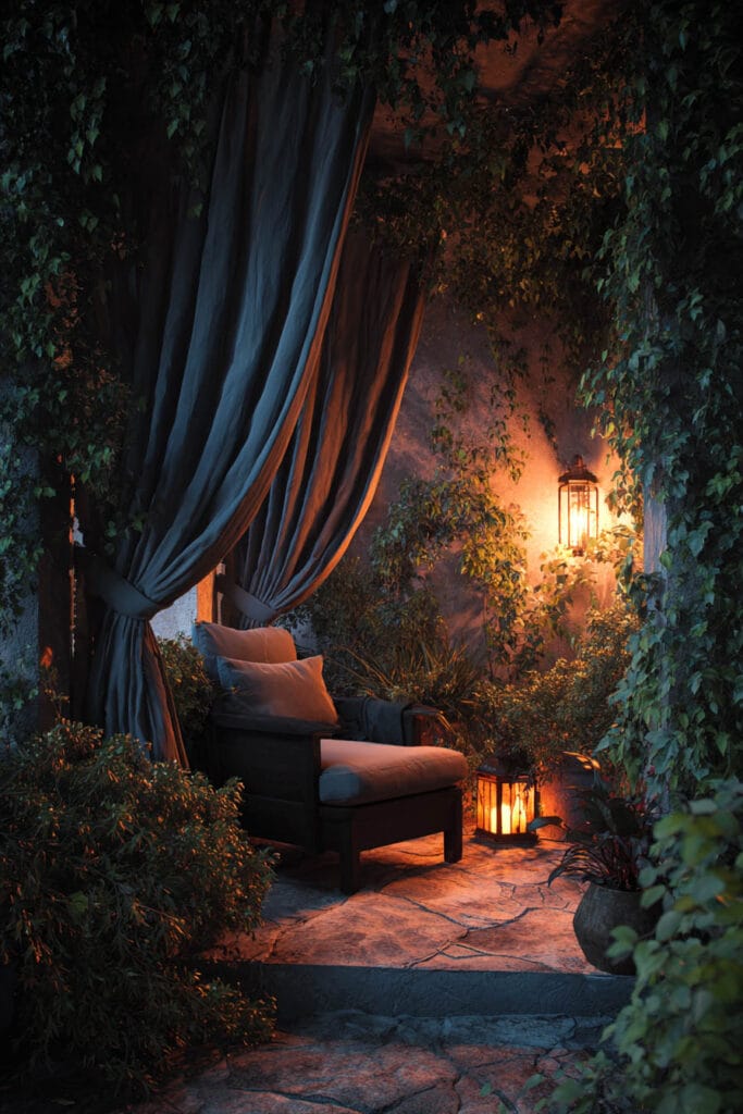 Hidden balcony seating nook with flowing curtains, climbing vines, warm lantern lighting, lush greenery, and cozy moody evening atmosphere.