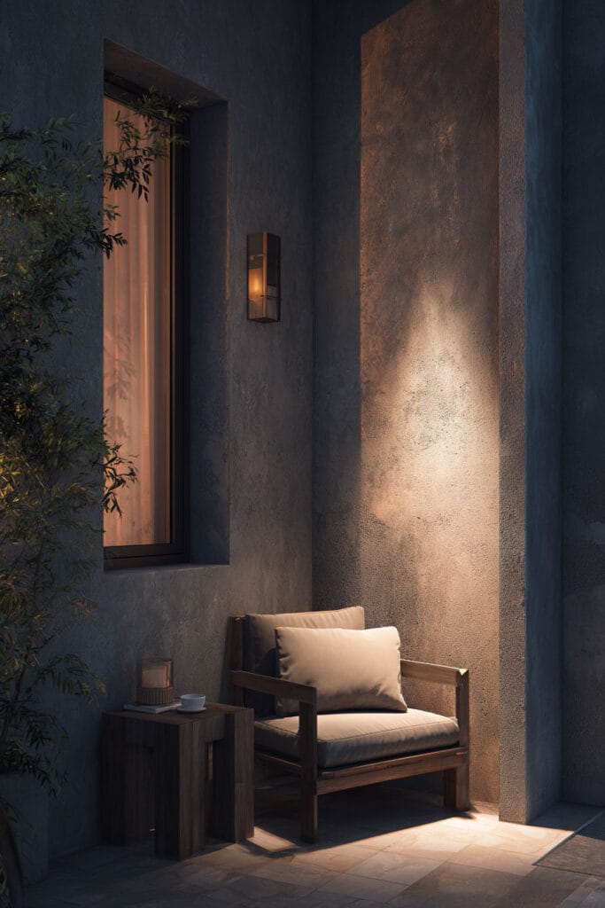 Modern balcony reading nook with architectural accent lighting, textured walls, wood lounge chair, and warm ambient lighting creating a luxury outdoor retreat.