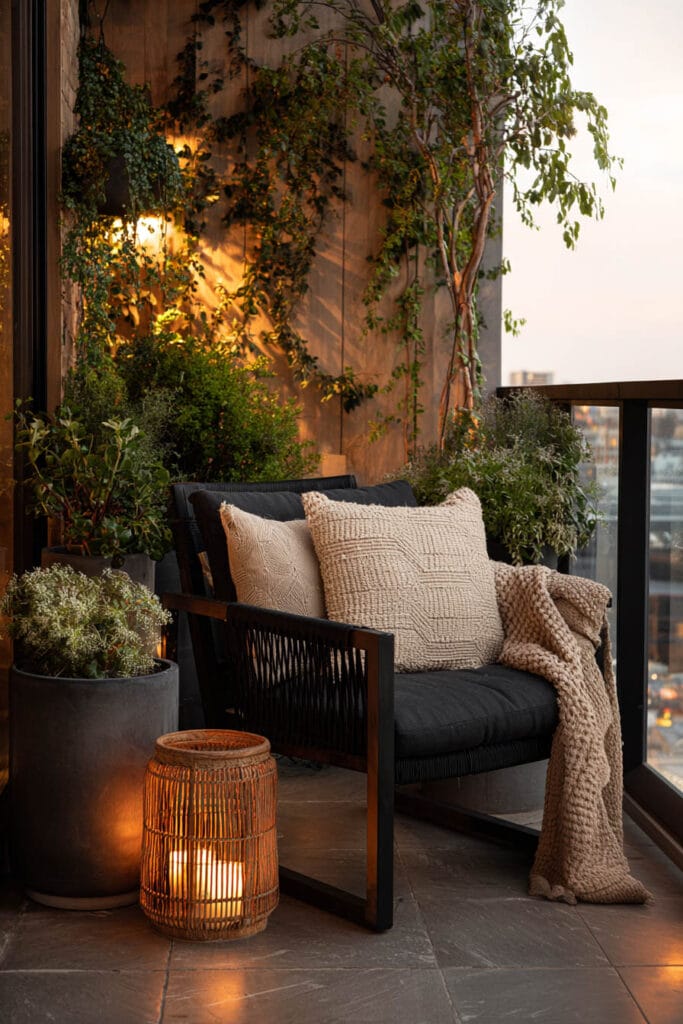 Moody private balcony with lounge chair, textured pillows, knit throw blanket, lantern lighting, and lush greenery.
