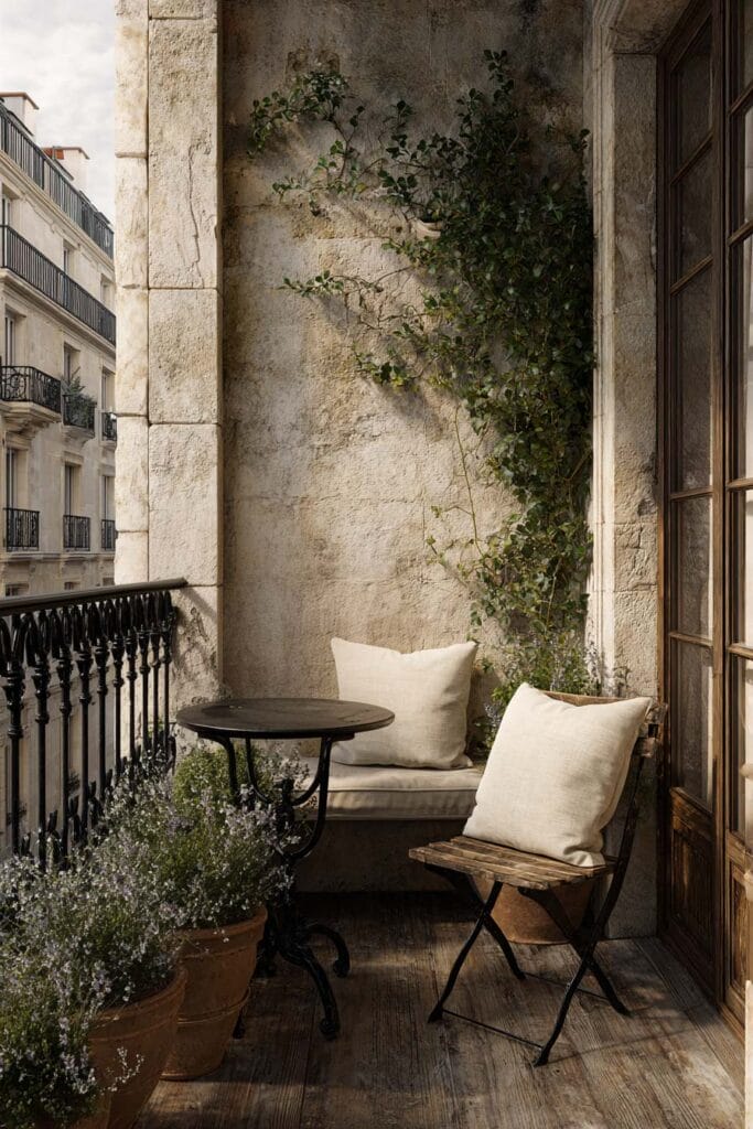 Paris balcony with aged stone walls, wood flooring, linen cushions, climbing greenery, and cozy café seating