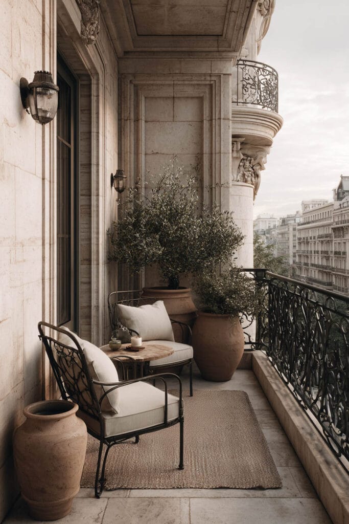 Paris balcony with neutral outdoor seating, terracotta planters, wrought iron railing, stone architecture, and soft natural color palette