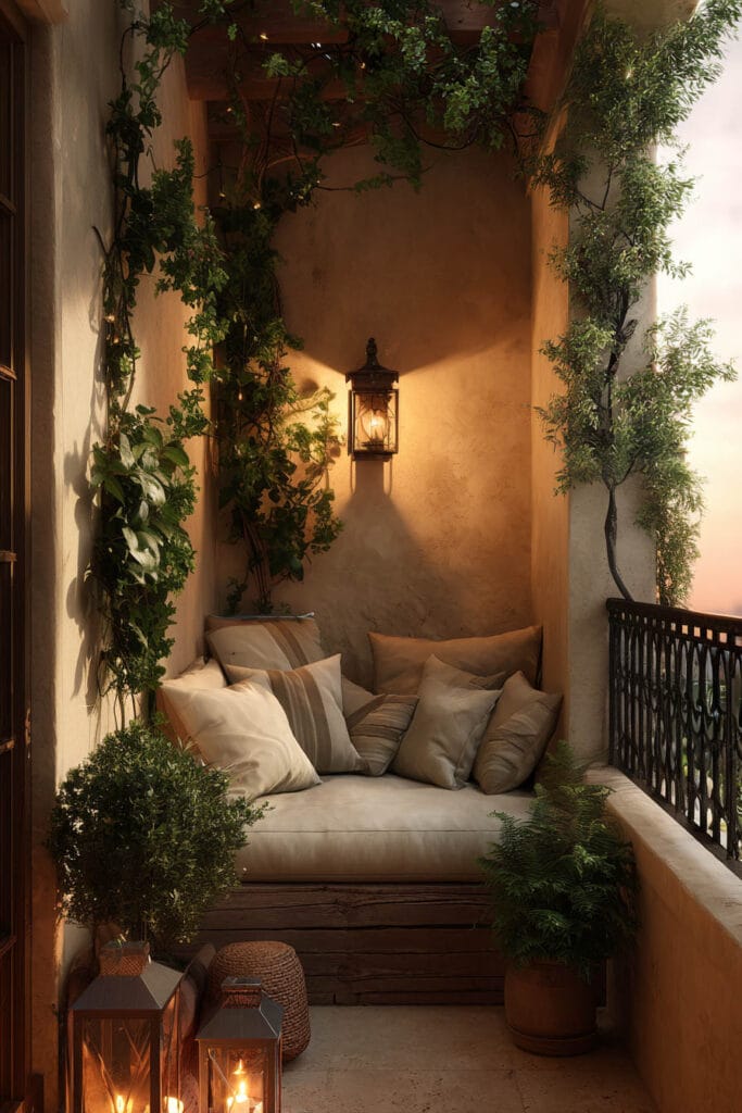 Private Mediterranean balcony with climbing vines, lantern lighting, built-in seating, neutral cushions, layered greenery, and cozy evening ambiance.
