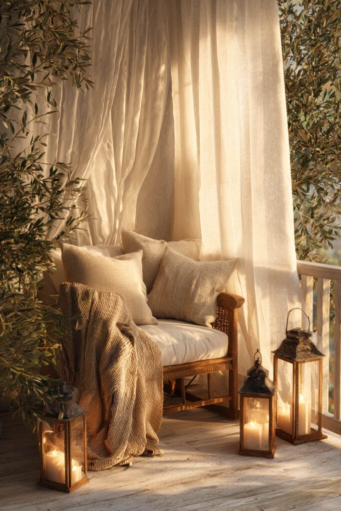 Romantic balcony with linen curtains, cozy chair, soft throw blanket, lantern candles, and warm evening light.