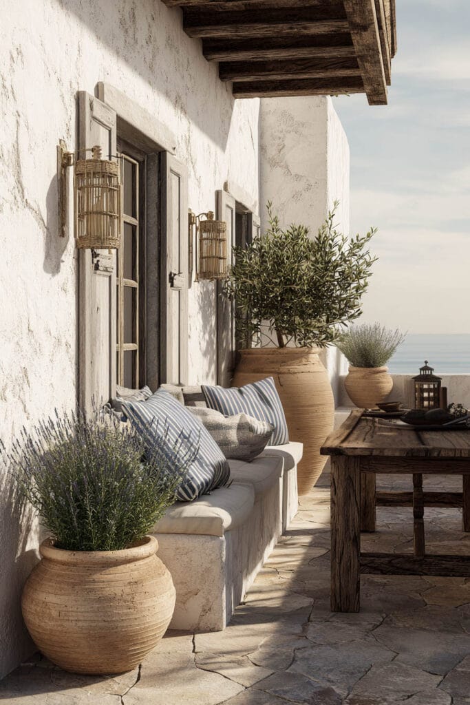 Rustic coastal Mediterranean balcony with white stucco walls, striped blue cushions, olive tree planters, lavender pots, and weathered wood dining table.