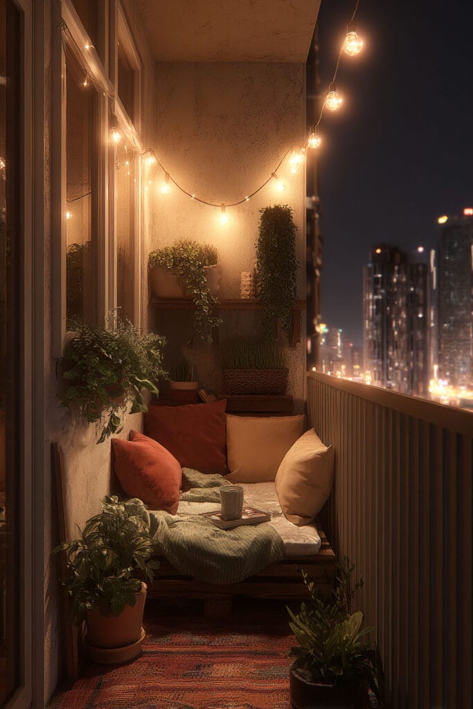 Tiny balcony with string lights, built-in bench seating, potted plants, and city views creating a cozy outdoor lounge at night