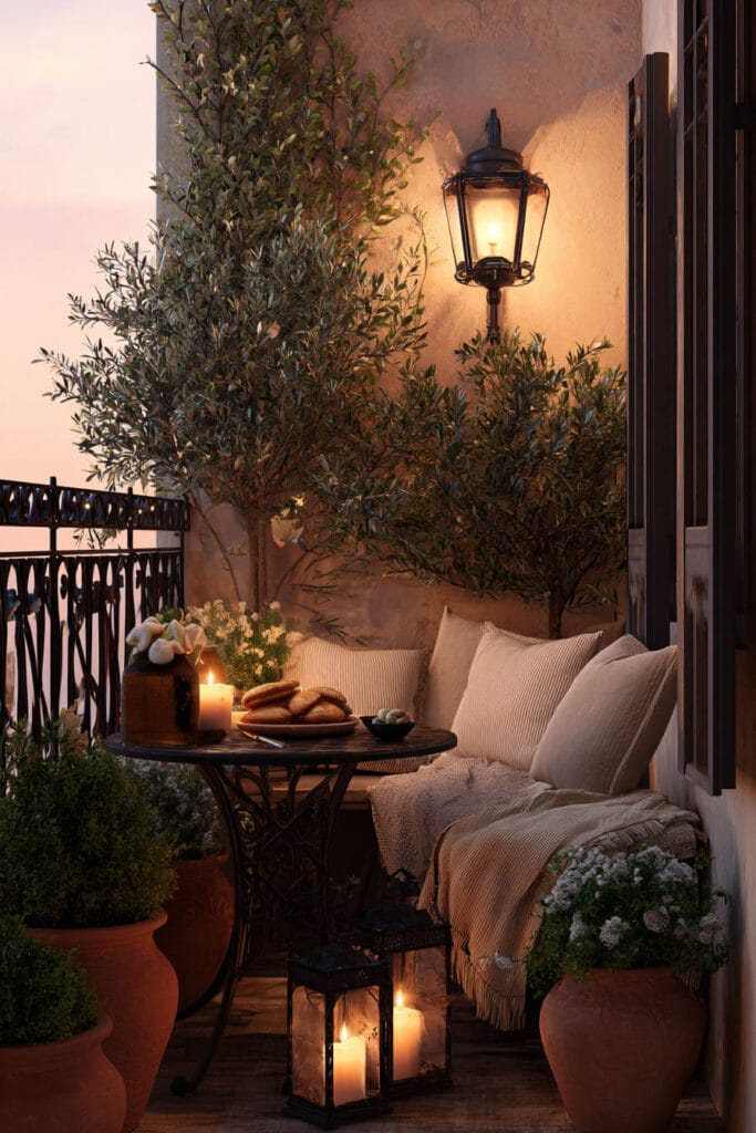 Tiny balcony with wall lantern, candle lanterns, bistro table, olive trees, terracotta pots, and cozy neutral seating at dusk