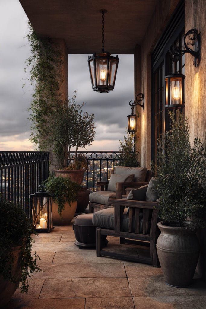 Vintage balcony with hanging lanterns, wall sconces, outdoor seating, terracotta planters, and warm old-world evening lighting.