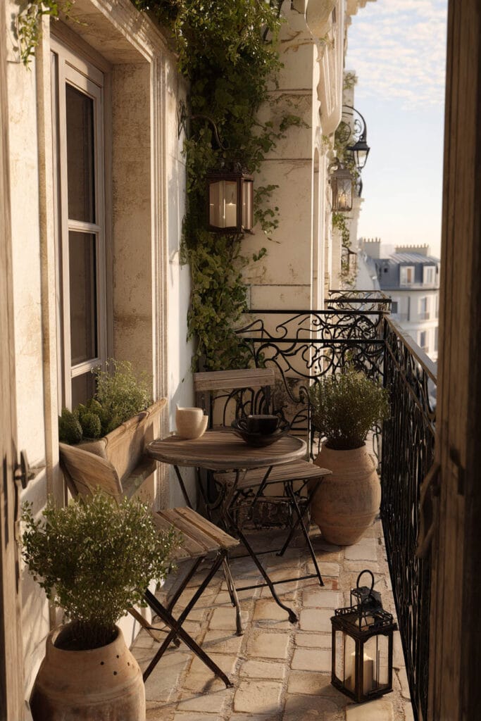 French balcony with vintage bistro set, terracotta planters, lanterns, wrought iron railing, and timeless Parisian-inspired outdoor decor.