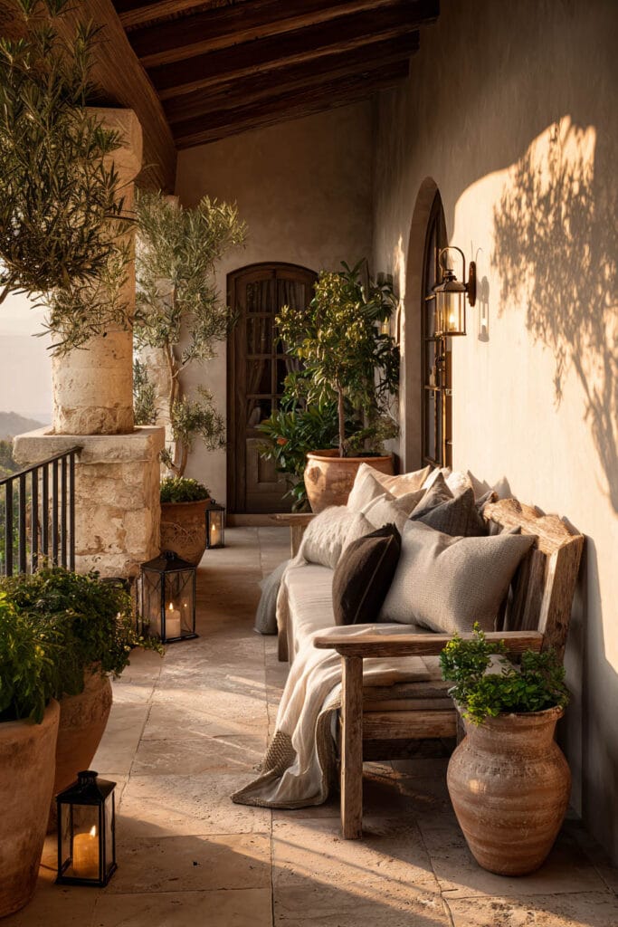 Mediterranean balcony with rustic wood sofa, terracotta pots, olive trees, lantern lighting, neutral cushions, and warm Mediterranean outdoor decor.