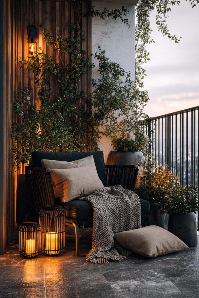 Cozy balcony chair with lantern lighting, textured throw blanket, lush greenery, neutral cushions, and warm evening ambiance.