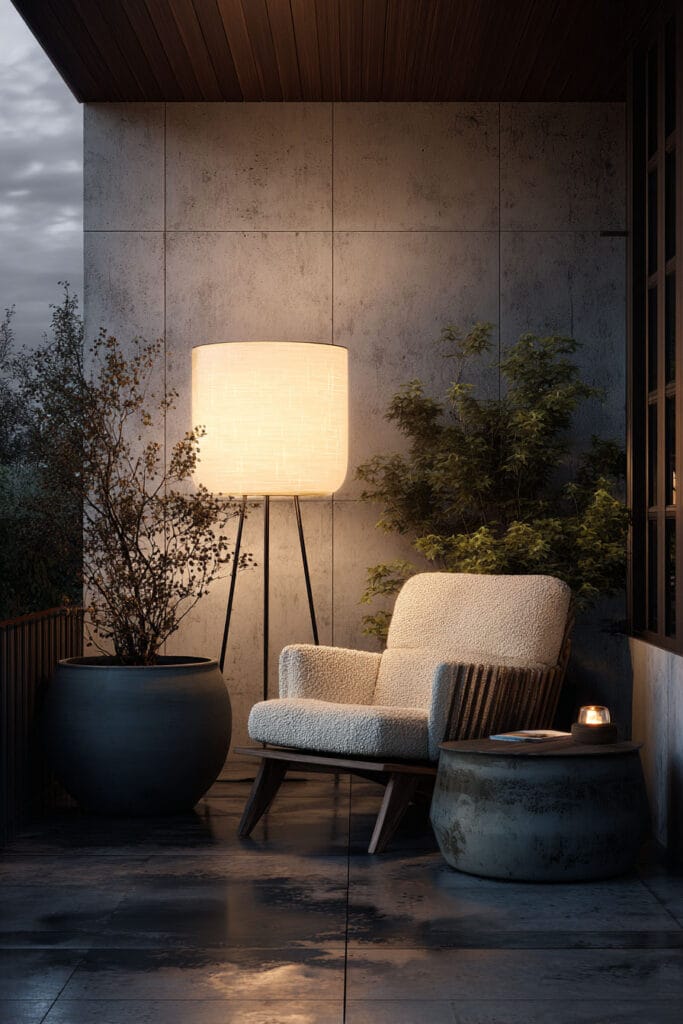 Modern balcony with oversized floor lamp, cozy lounge chair, warm statement lighting, and minimalist evening decor.