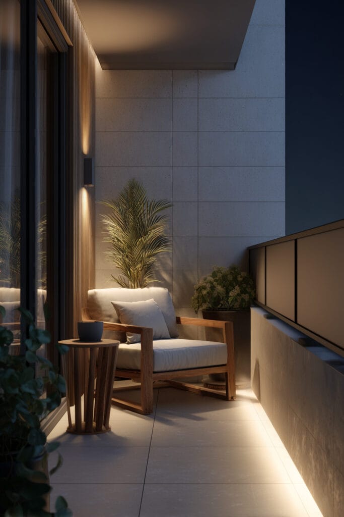 Modern balcony with concealed LED lighting, architectural wall sconces, wood lounge chair, and luxury outdoor seating area at night.