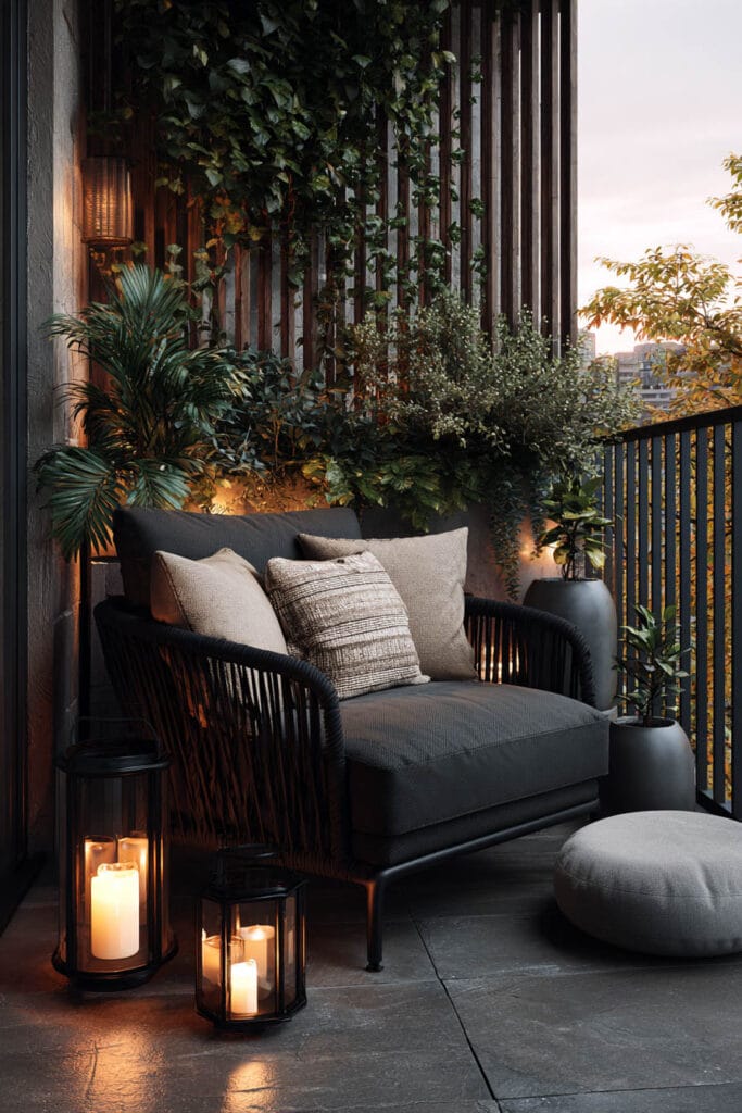 Moody private balcony with lounge chair, candle lanterns, layered greenery, privacy screen, and warm ambient lighting.