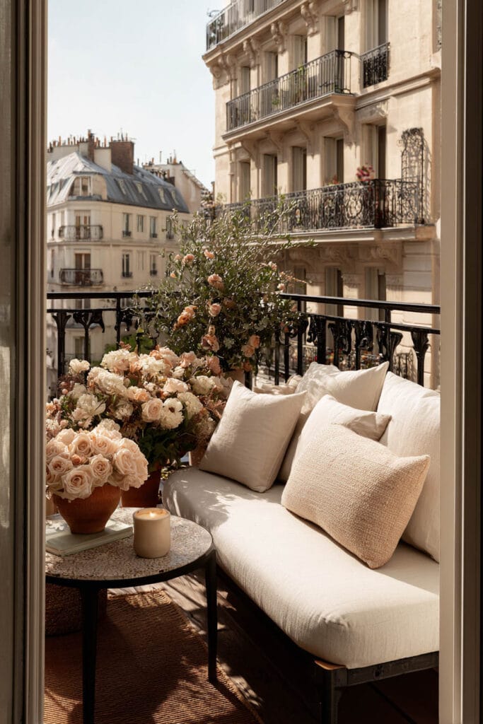 Paris balcony with neutral outdoor sofa, blush roses, cream cushions, wrought iron railing, and classic French apartment views