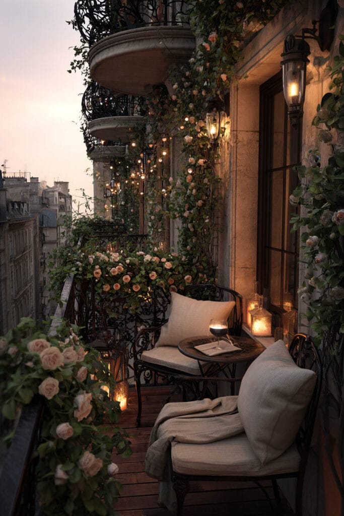 Paris balcony at dusk with lanterns, string lights, rose-covered railings, cozy seating, and romantic café atmosphere