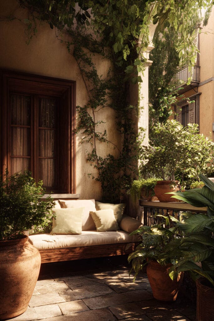Private Mediterranean balcony with climbing vines, terracotta pots, lush greenery, cushioned bench seating, stone flooring, and warm natural sunlight.