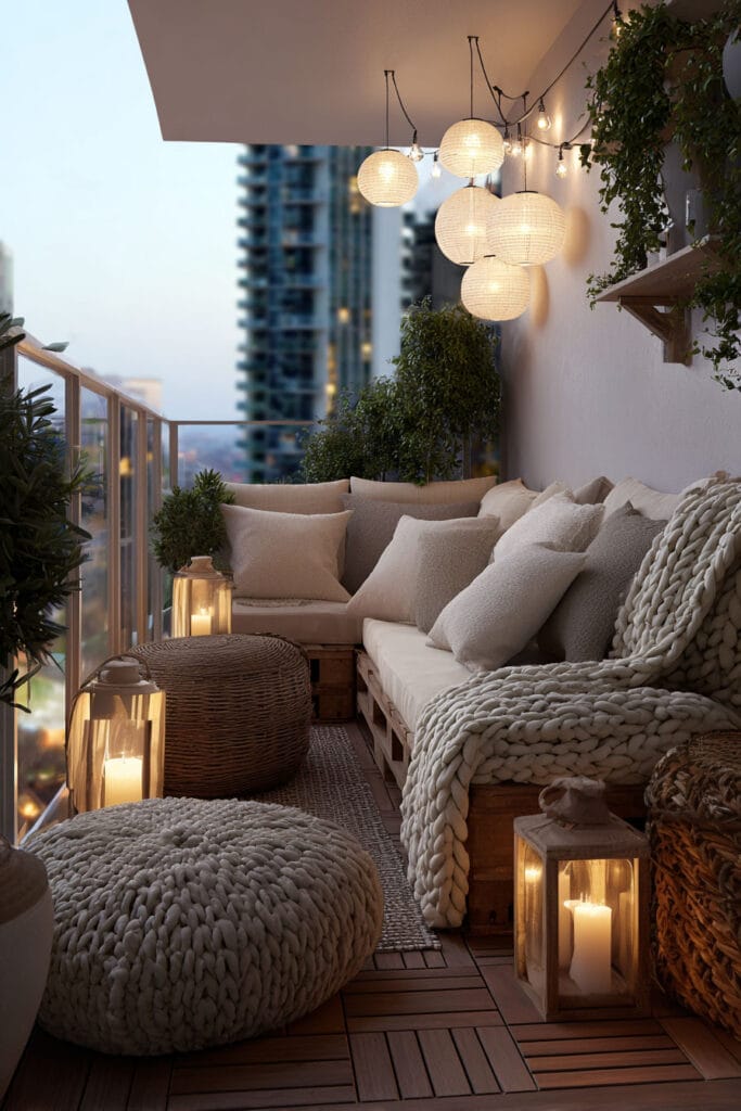 Romantic balcony with oversized knit throw, soft neutral cushions, paper lantern lights, woven pouf, and cozy evening ambiance.