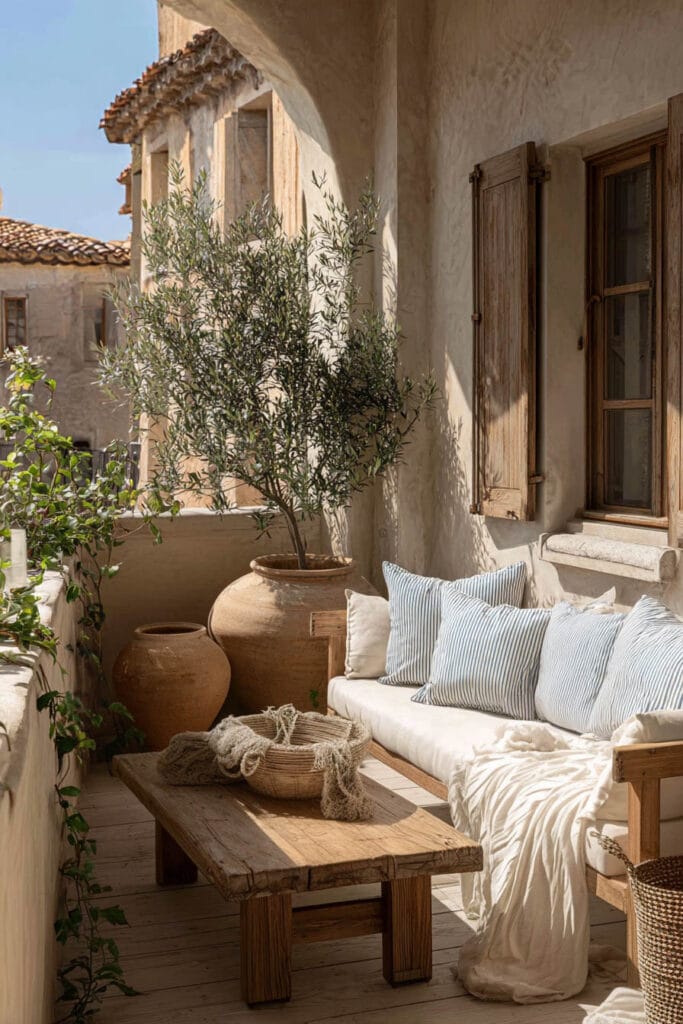 Rustic coastal Mediterranean balcony with striped blue cushions, olive tree planter, weathered wood coffee table, neutral textiles, and warm stucco walls.