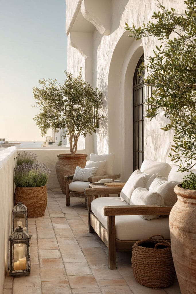 Mediterranean balcony with terracotta pots, olive trees, rustic wood seating, lanterns, woven baskets, lavender plants, and white stucco walls.