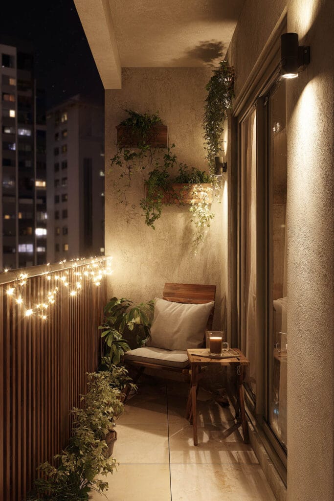 Small balcony with string lights, wall sconces, potted plants, wooden chair, and warm ambient lighting creating a cozy nighttime outdoor seating area.