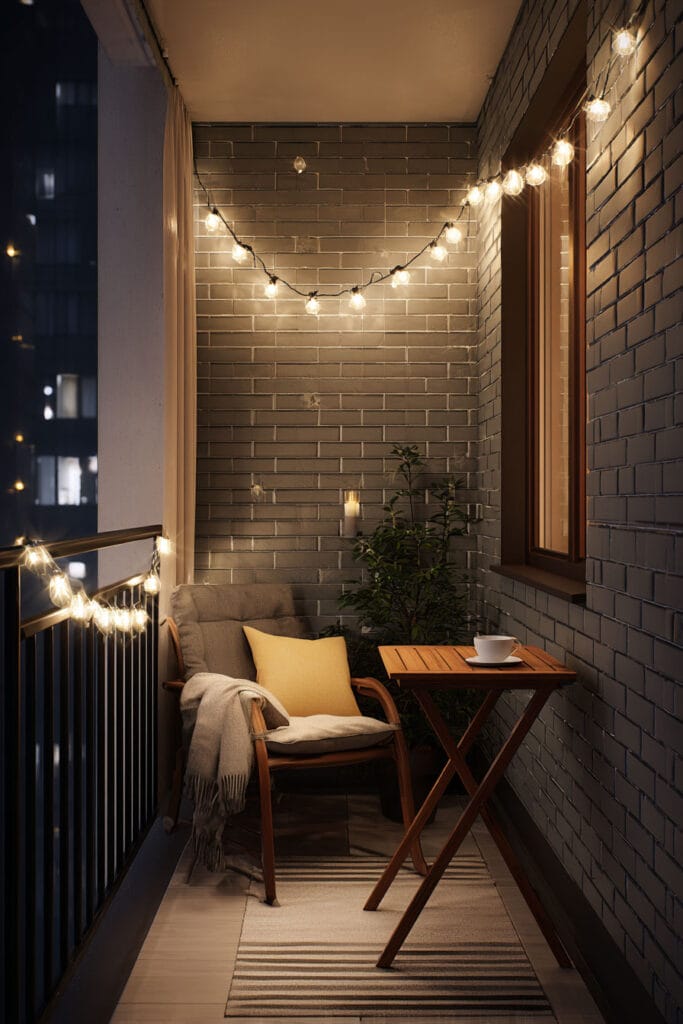 Tiny apartment balcony with string lights, small café table, cozy chair, brick wall, and warm lighting creating an inviting outdoor space at night