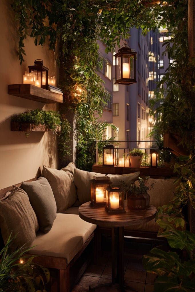 Tiny balcony with candle lanterns, hanging lantern, lush greenery, cozy bench seating, and warm ambient lighting at night.