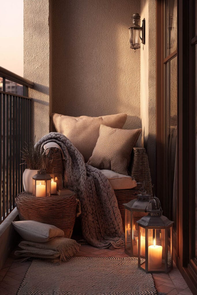 Warm lived-in balcony with woven chair, cozy blankets, candle lanterns, neutral cushions, and soft romantic outdoor decor.