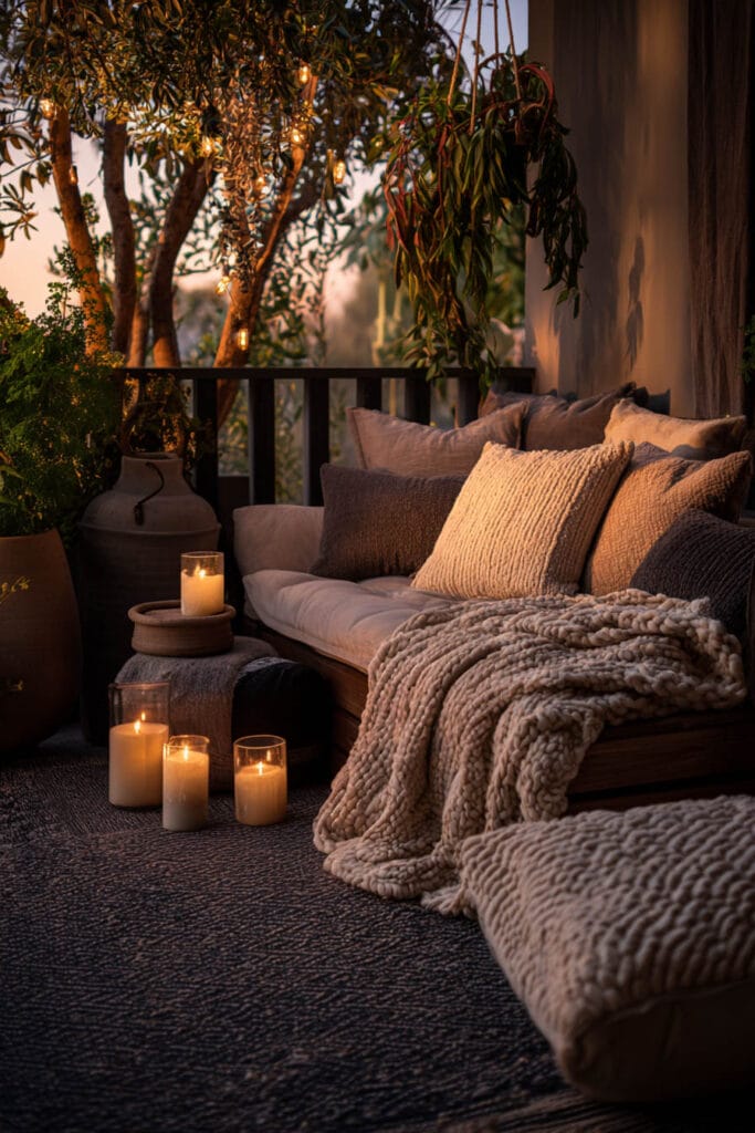Cozy balcony with chunky knit blanket, candlelight, soft cushions, hanging plants, and warm ambient evening lighting.