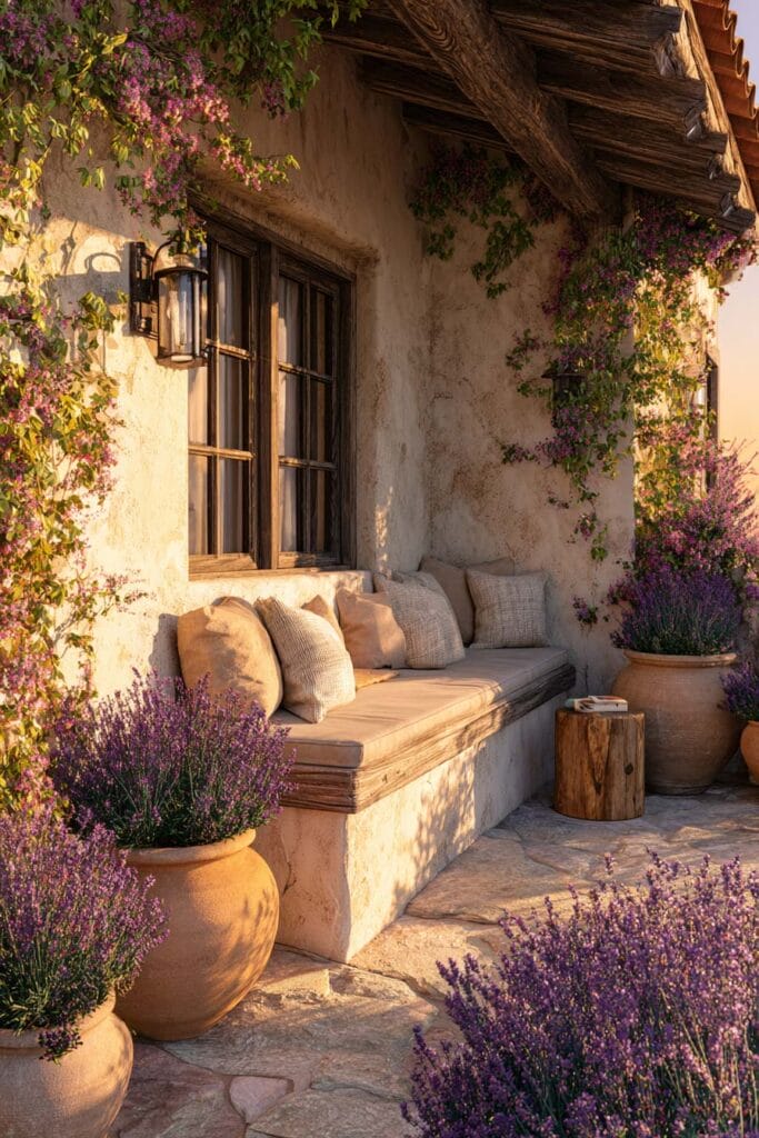 Mediterranean balcony with lavender in terracotta pots, flowering vines, built-in bench seating, rustic wood beams, and warm stucco walls.