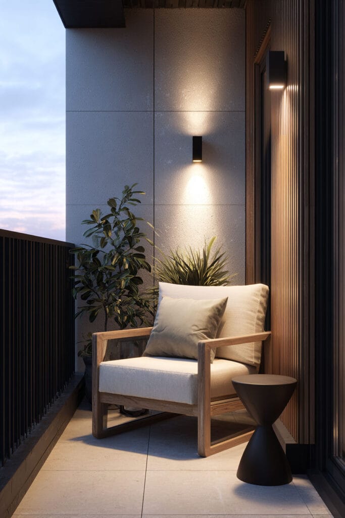 Modern balcony with architectural wall sconces, contemporary wood lounge chair, minimalist outdoor decor, and warm ambient lighting at dusk.