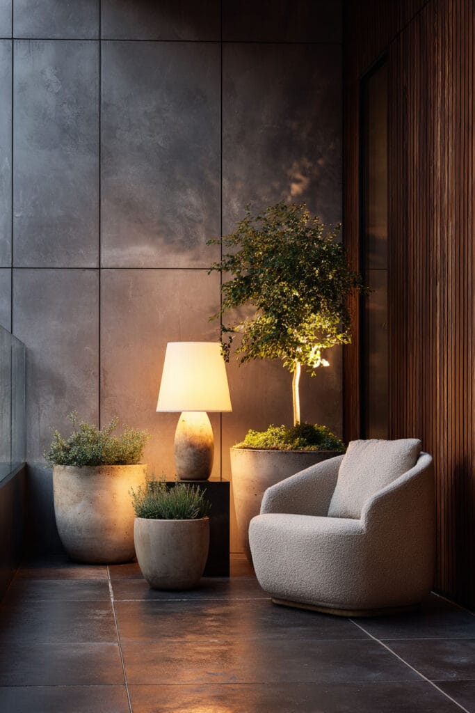 Modern moody balcony with statement table lamp, cozy lounge chair, large planters, and warm evening lighting.