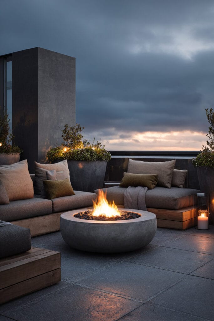 Moody balcony with modern fire pit, outdoor sectional seating, neutral cushions, lantern lighting, and dramatic cloudy sky.
