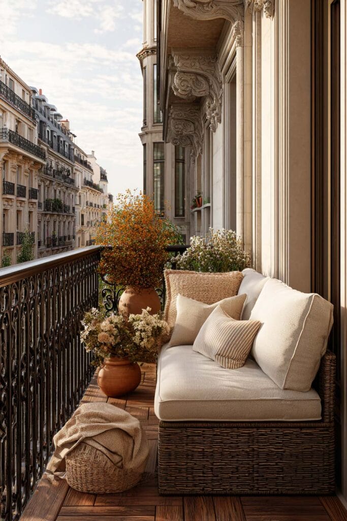 Paris balcony with neutral wicker seating, cream cushions, terracotta planters, wrought iron railing, and classic French city views