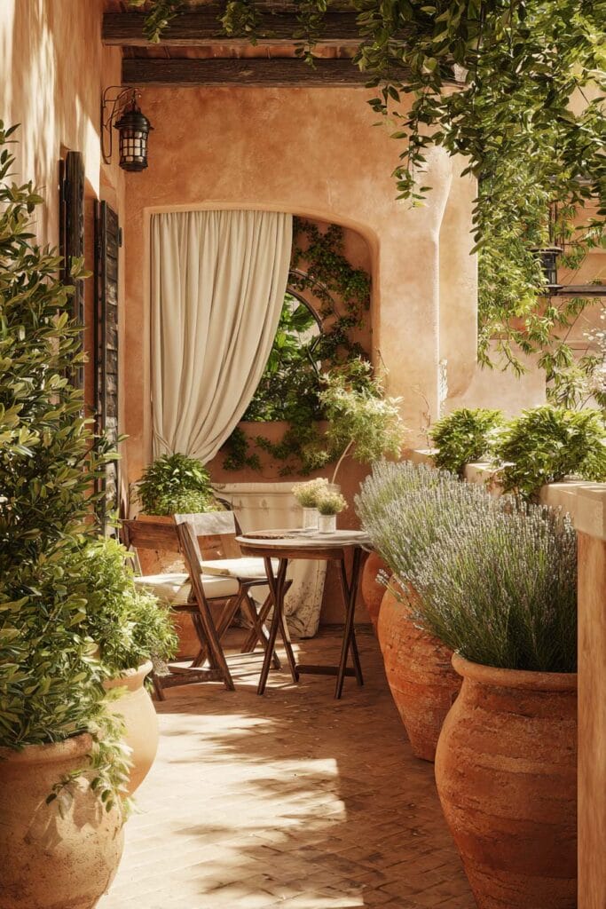 Private Mediterranean balcony with terracotta pots, lavender plants, linen curtains, café table, climbing greenery, and warm sunlit outdoor seating.