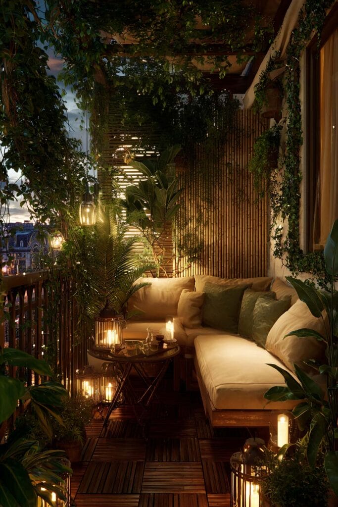 Private romantic balcony with bamboo screen, lush greenery, warm lantern lighting, cushioned seating, and cozy evening atmosphere.