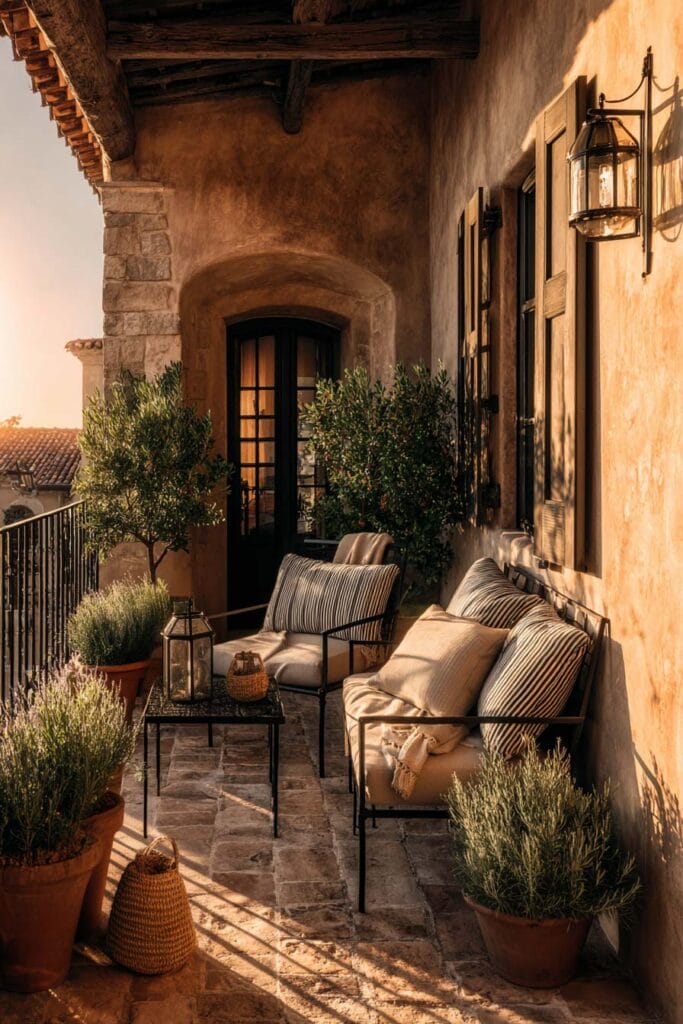 Small Mediterranean balcony with striped cushions, terracotta planters, lavender plants, wrought iron furniture, warm stucco walls, and golden evening sunlight.