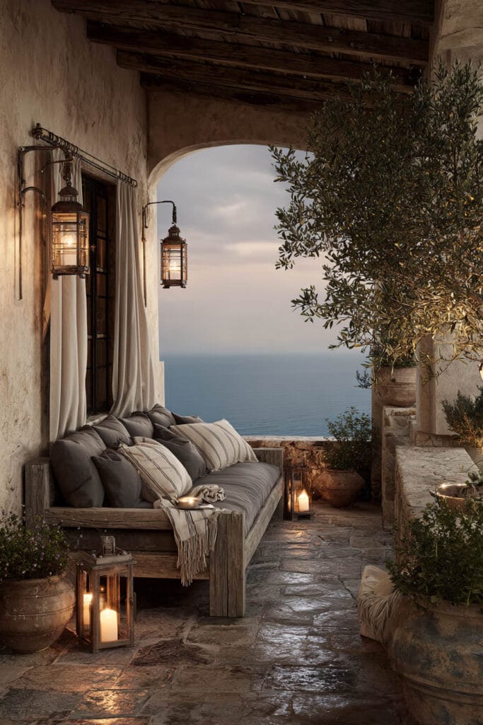 Stormy coastal balcony with lantern lighting, rustic wood seating, stone flooring, ocean view, and warm evening ambiance.