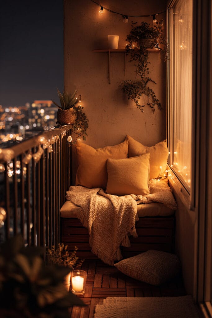 Tiny balcony nook with string lights, cozy cushions, candlelight, and city views creating a warm outdoor retreat at night