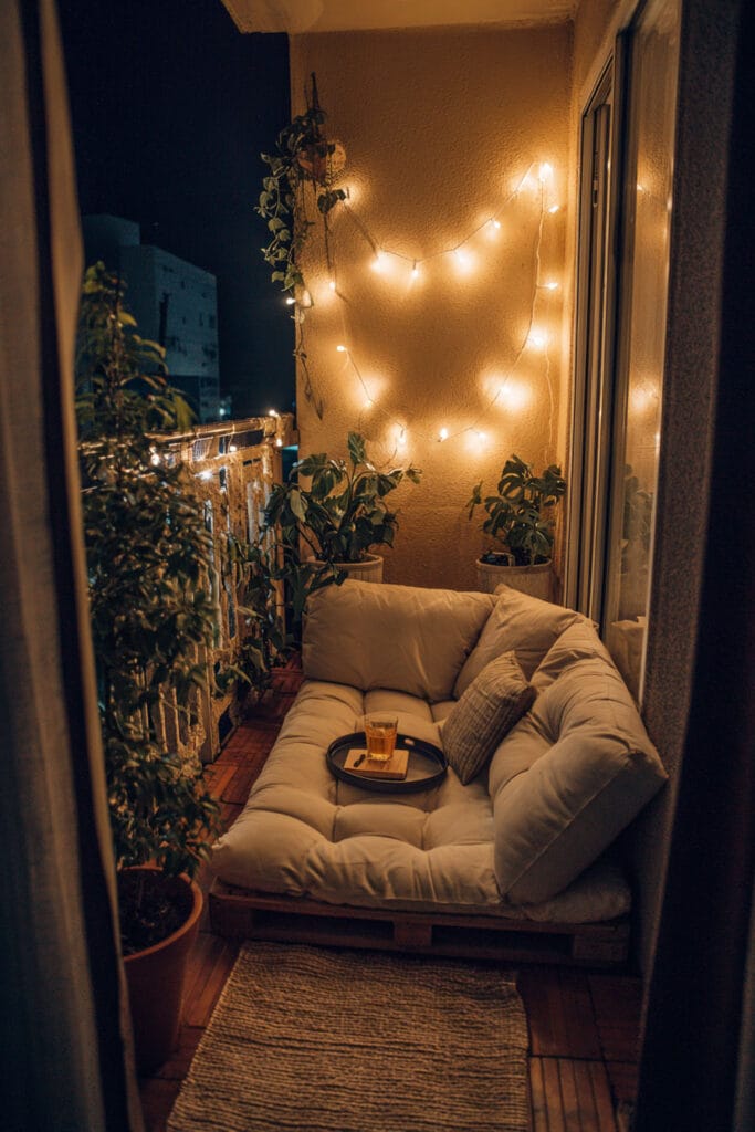 Small balcony with oversized floor cushions, warm string lights, potted plants, and cozy nighttime lighting in a narrow outdoor space.