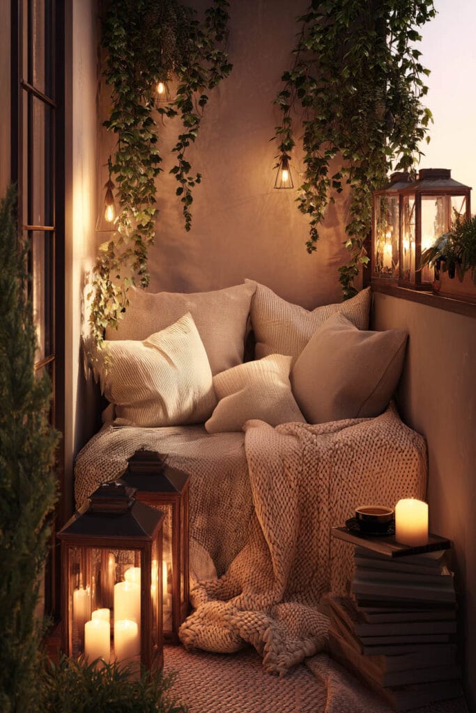 Warm lived-in balcony nook with soft pillows, chunky knit blanket, candle lanterns, books, hanging greenery, and cozy romantic decor.